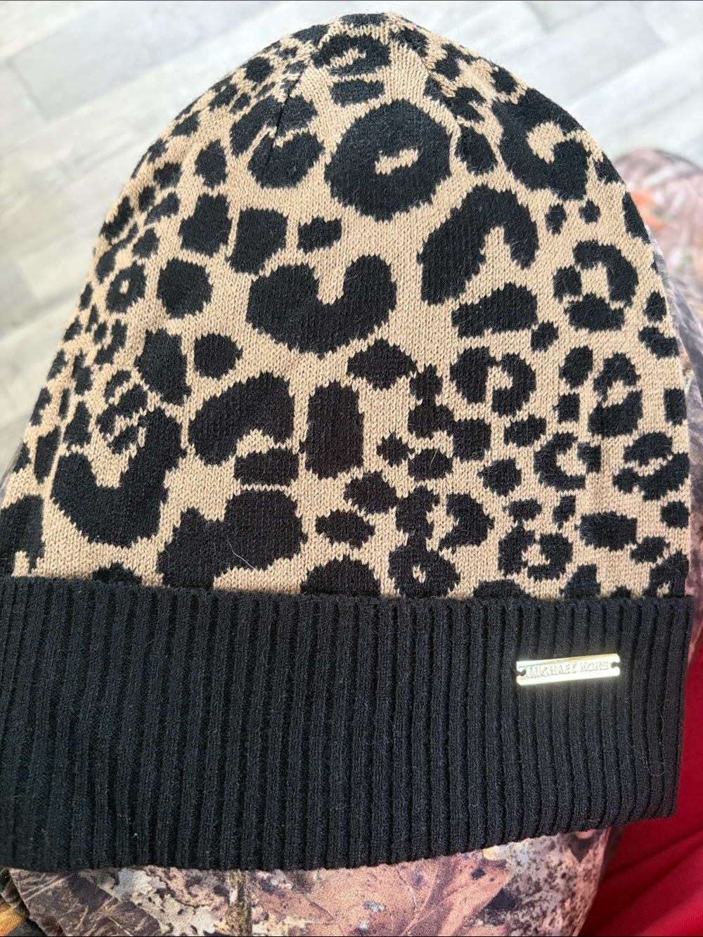 Michael Michael Kors Leopard-Print Knit Beanie in Black and Tan GUC